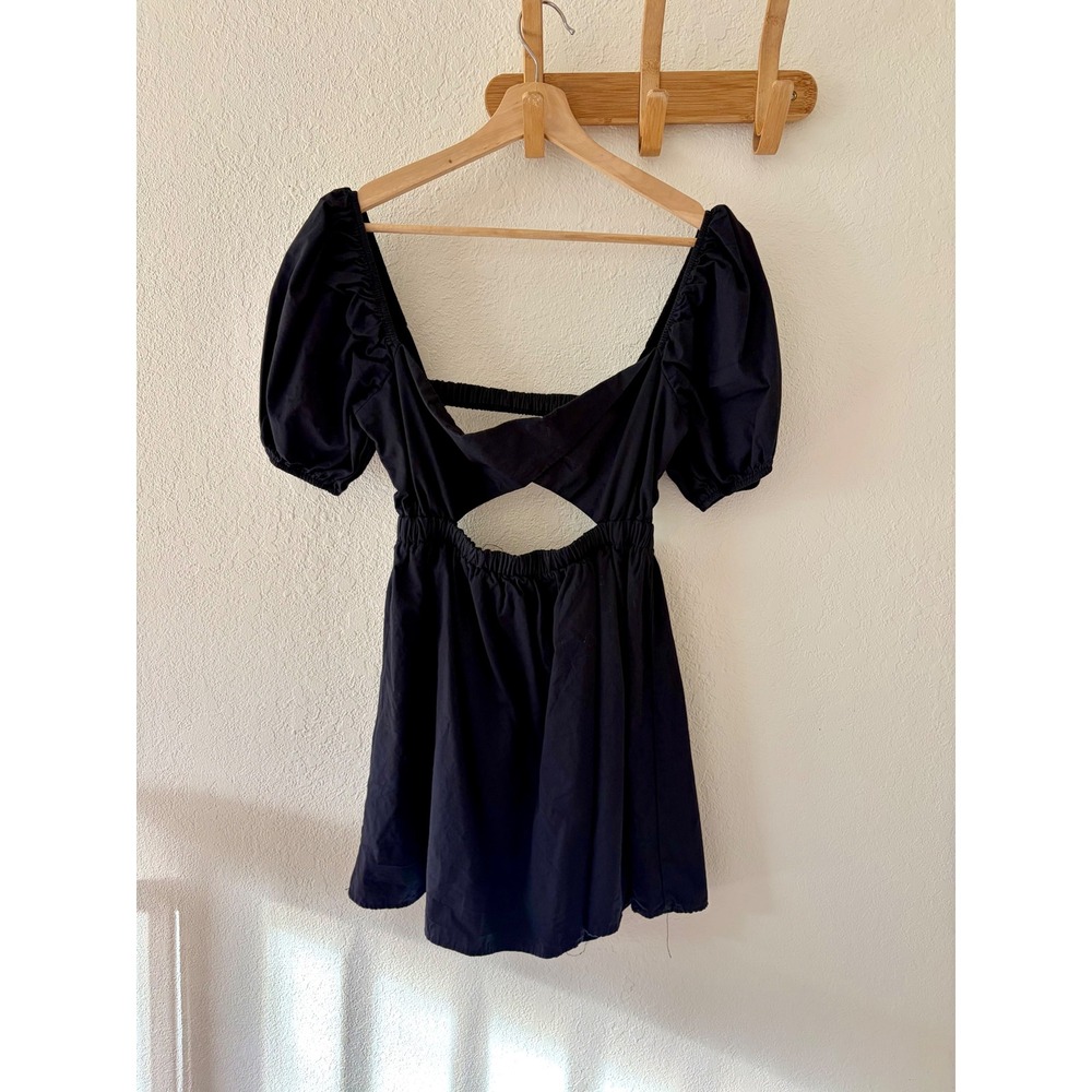 Le Lis Womens Small Black Cross Front Open Back Puff Sleeve Mini Dress